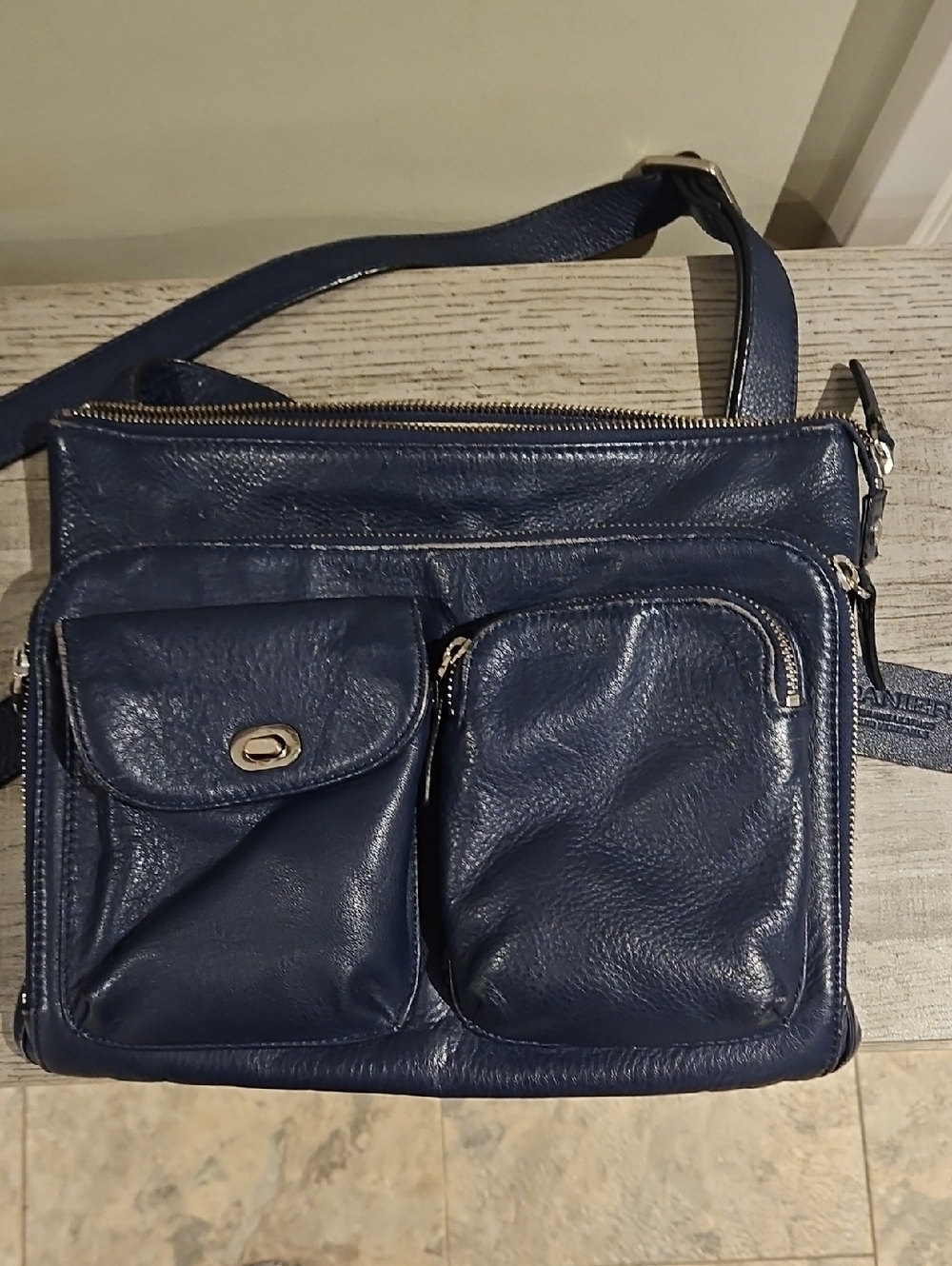 Danier Deep Blue Leather Crossbody with Dual Front Pockets